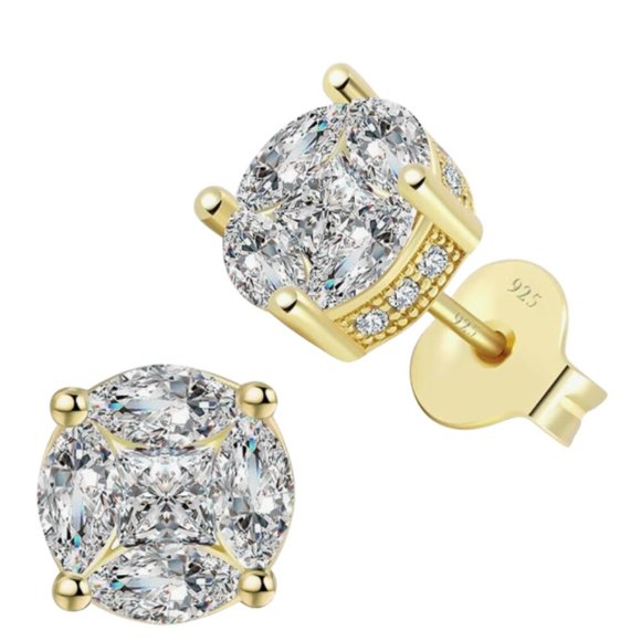 Gold Plated Stud Earrings Cubic Zirconia Stones - Picture 1 of 5